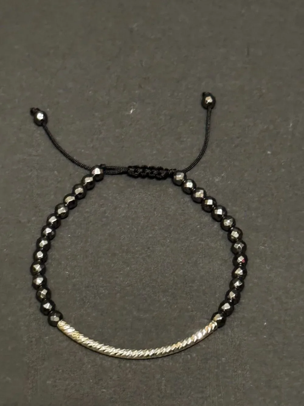 Slide Style Adjustable Bracelet, Faceted Hematite, Fine Silver Plated